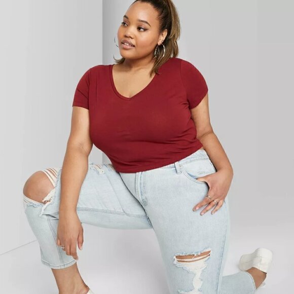 WOMEN'S Plus Size Short Sleeve V-Neck Cropped T-Shirt - Wild Fable - Picture 1 of 3